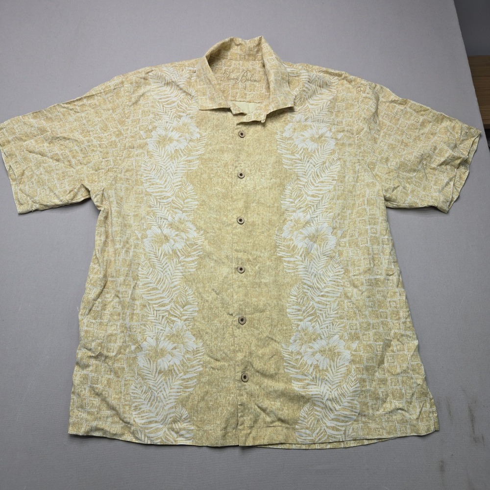 Tommy Bahama Silk Shirt Floral Tropical Camp Button Down Yellow Mens XL Relaxed